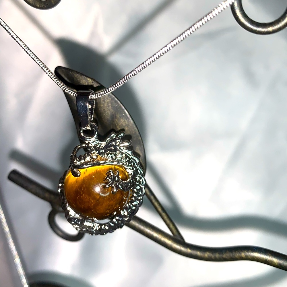 Tiger Eye and Silver dragon ball necklace.